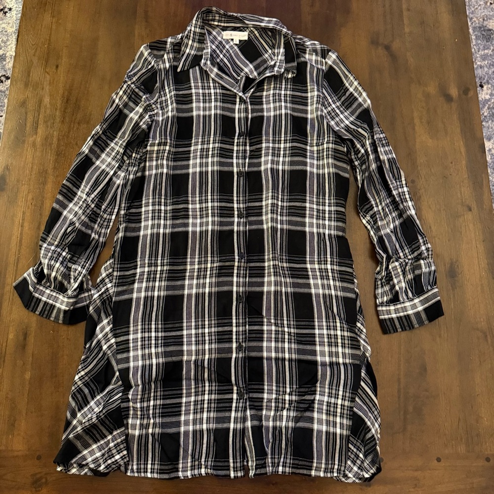 Lou & Grey for LOFT Black White‎ Plaid Button Down Shirt Dress Small 507888